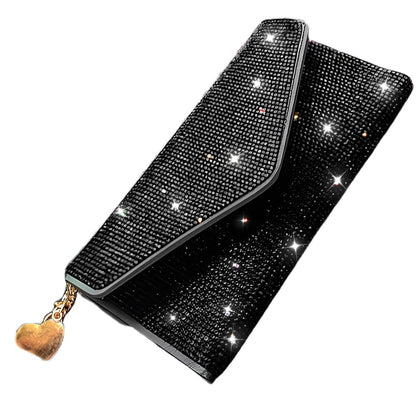 HOTBling Crystal Rhinestones Leather Pocket Card Case Wallet Organizer with Zipper Multifunctional Large Capacity Shining for Women Girls (White)