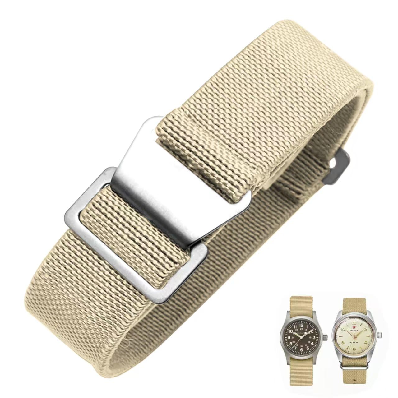 HOTFrench Troops Paratrooper Watchband,Military Elastic Nylon Watch Strap with Hook-and-Loop for Men Women Silver & Black Buckle 18/20/22mm