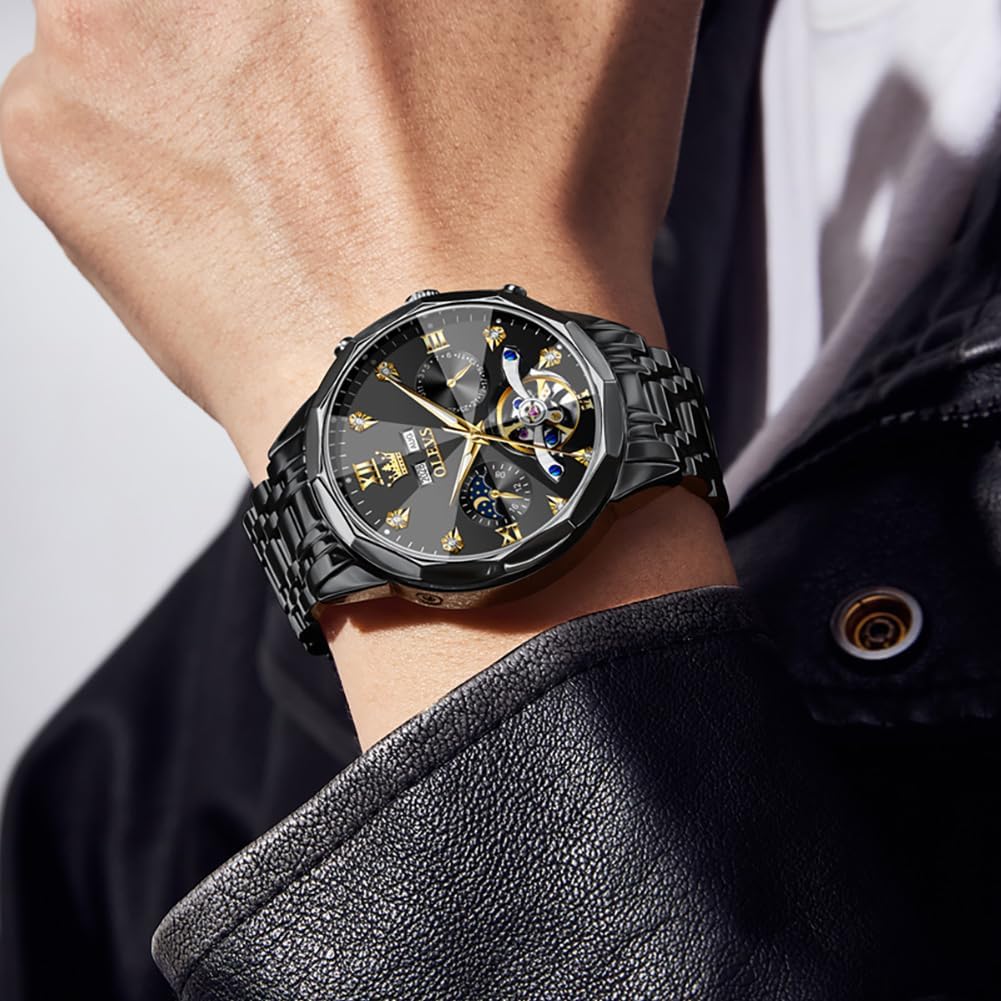 HOTOLEVS Skeleton Men Watches Automatic Business Luxury Diamond Self Winding Watch for Men Stainless Steel Calendar Wrist Watch