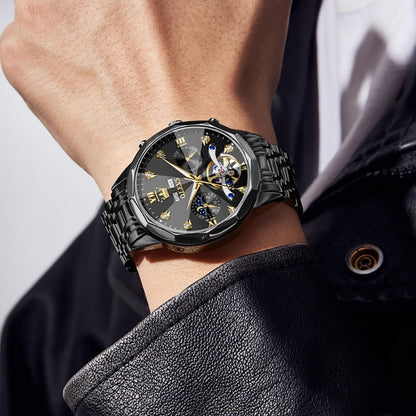 HOTOLEVS Skeleton Men Watches Automatic Business Luxury Diamond Self Winding Watch for Men Stainless Steel Calendar Wrist Watch