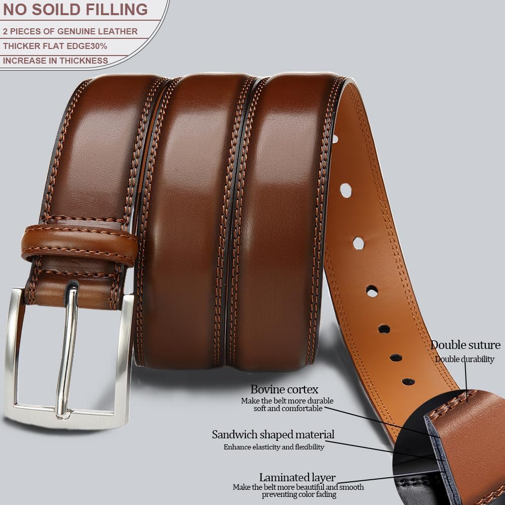 HOTDOOPAI Men's Genuine Leather Dress Belt 2Pack - Handmade Classic Casual and Business Belt, 100% Cow Leather Prong Buckle,