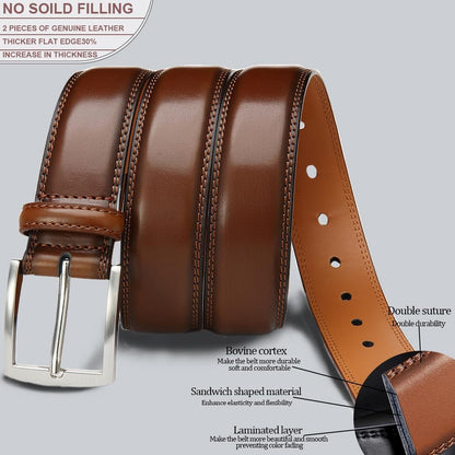 HOTDOOPAI Men's Genuine Leather Dress Belt 2Pack - Handmade Classic Casual and Business Belt, 100% Cow Leather Prong Buckle,