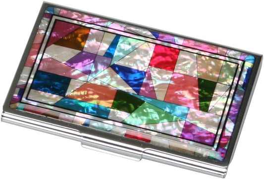 HOTRFID Blocking Mother of Pearl Business Card Holder – Slim Stainless Steel Name Card Wallet for Men and Women with Gift Box (Pathwork Multicolor)