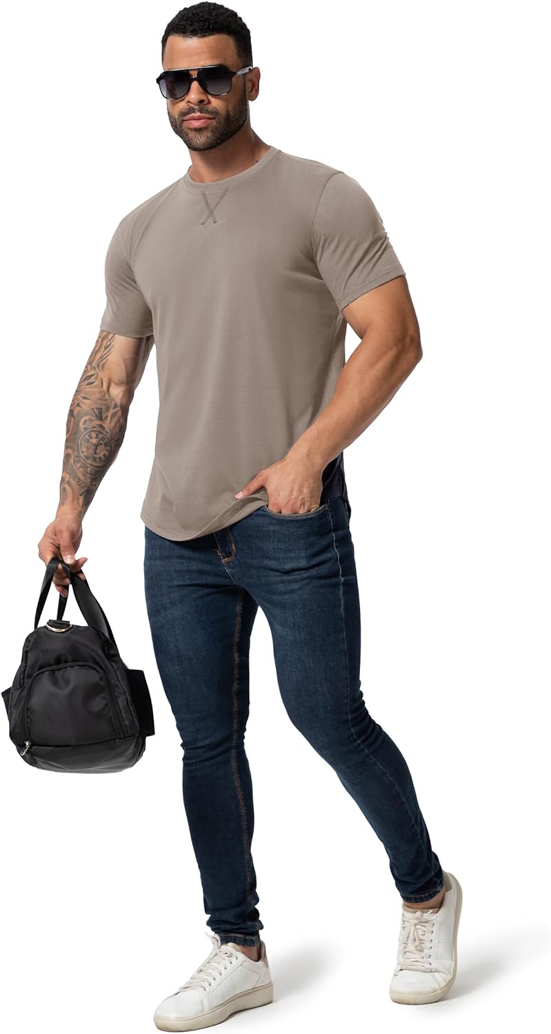 HOTMens 3 Pack Plain Cotton Shirts Short Sleeve Casual Crew Neck T-Shirts Hipster Hip Hop Longline Tees Drop Cut Curved Hem