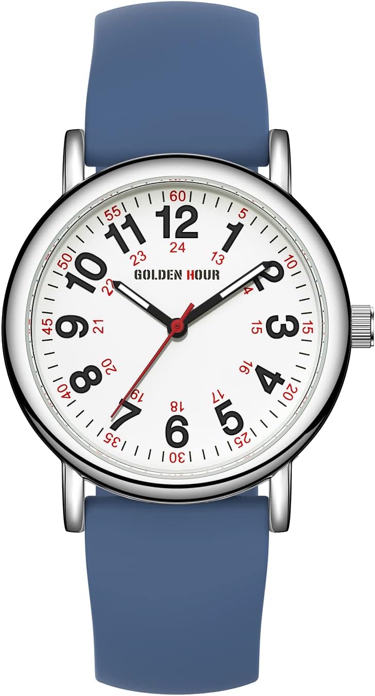HOTGOLDEN HOUR Waterproof Nurse Watch for Medical Professionals, Students Women Men - Military Time Luminouse Easy Read Dial, 24 Hour with Second Hand, Colorful Silicone Band