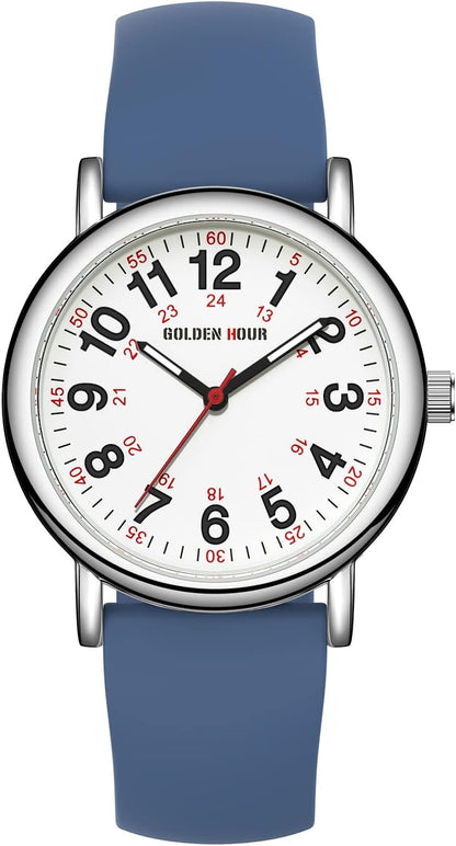 HOTGOLDEN HOUR Waterproof Nurse Watch for Medical Professionals, Students Women Men - Military Time Luminouse Easy Read Dial, 24 Hour with Second Hand, Colorful Silicone Band
