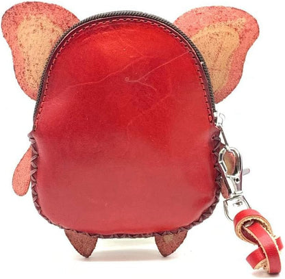 HOTVintage Genuine Leather 3D Animal Pig Coin Purse with keyring & Removable wrist strap (Red)