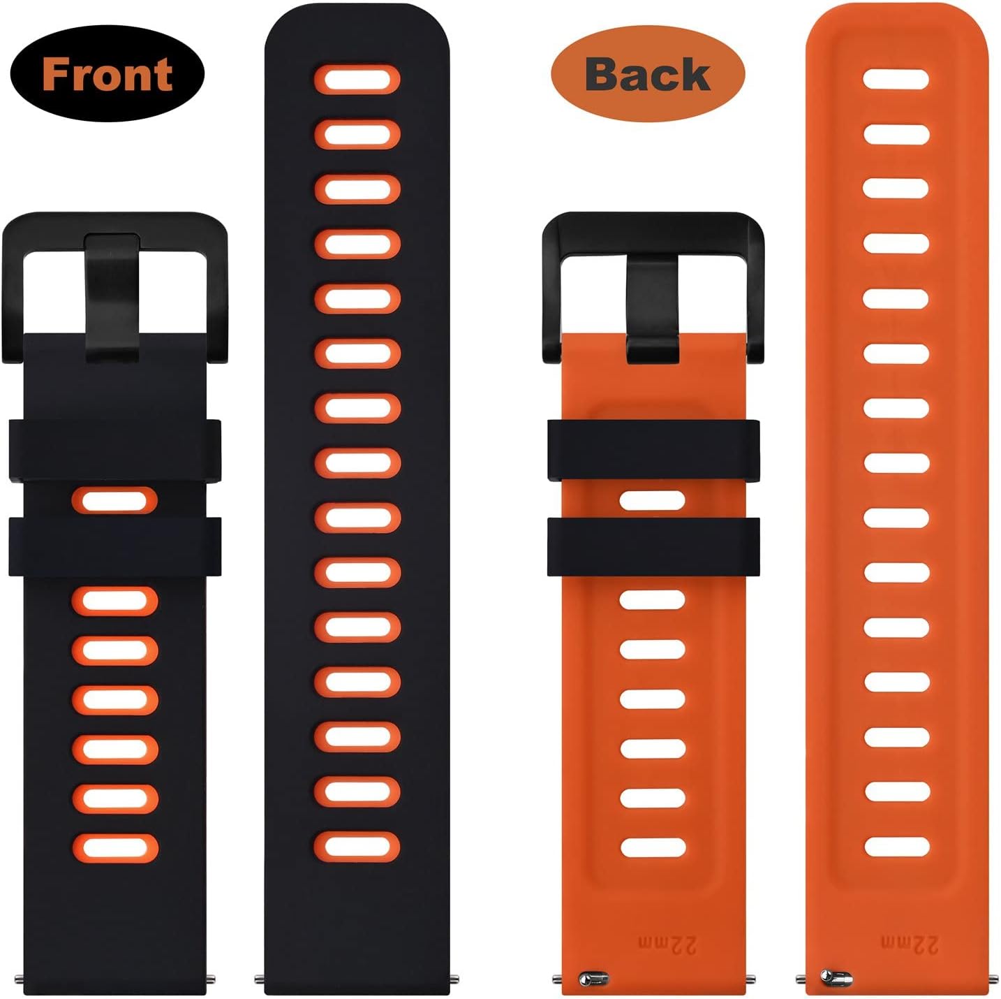 HOTWOCCI 22mm Bicolor Watch Band, Silicone Rubber, Quick Release Replacement Strap for Men and Women, Black Stainless Steel Buckle (Black-Orange)
