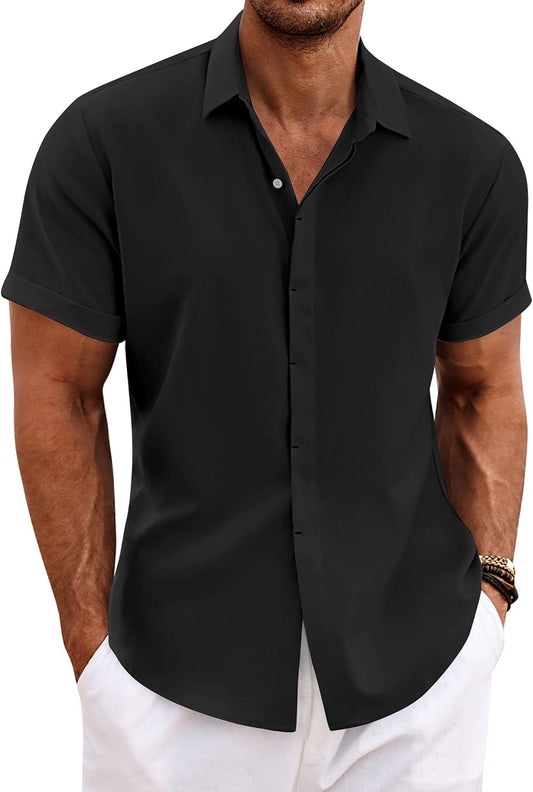 HOTCOOFANDY Men's Linen Shirts Short Sleeve Casual Shirts Button Down Shirt for Men Beach Summer Wedding Shirt