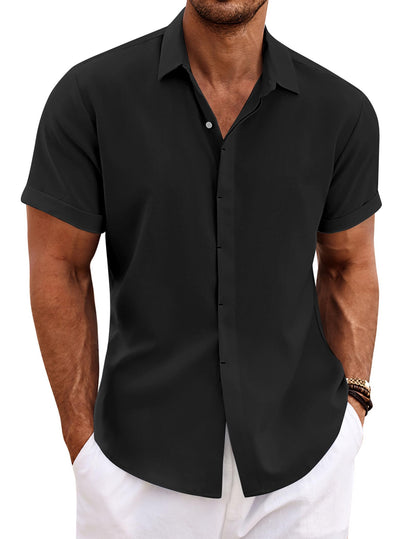 HOTCOOFANDY Men's Linen Shirts Short Sleeve Casual Shirts Button Down Shirt for Men Beach Summer Wedding Shirt