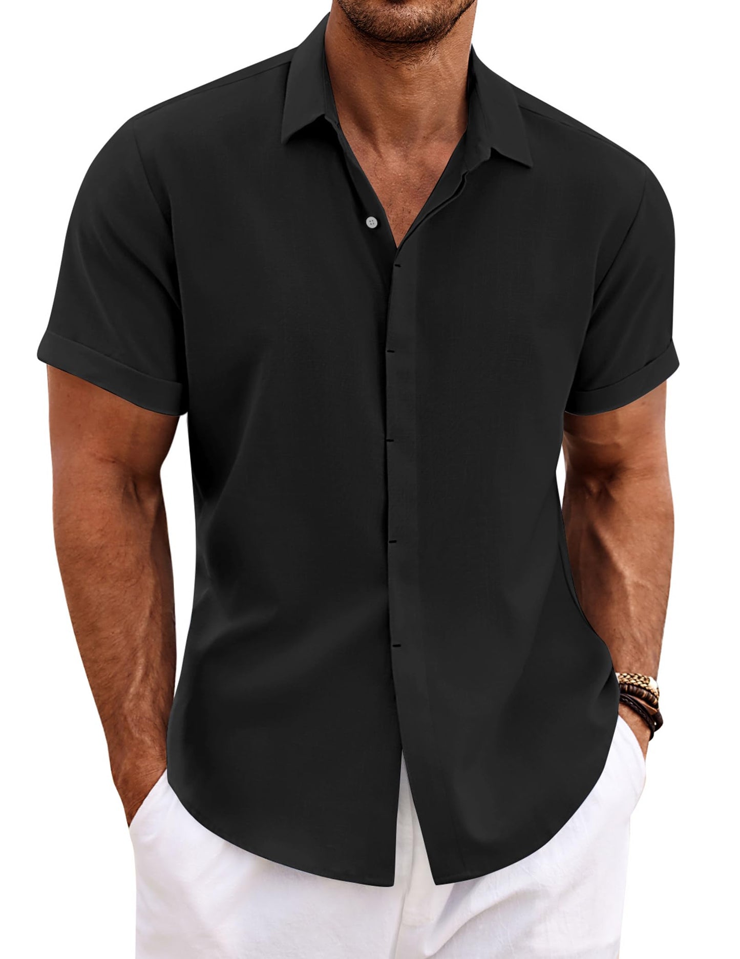HOTCOOFANDY Men's Linen Shirts Short Sleeve Casual Shirts Button Down Shirt for Men Beach Summer Wedding Shirt