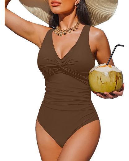 HOTWomen's Tummy Control One Piece Swimsuit Push Up Full Coverage Bathing Suit | V-Neck Twist Front, Low-Back Design, Adjustable Straps, Removable Pads, Full Coverage, Long-Torso Fit, Beach and Pool Days