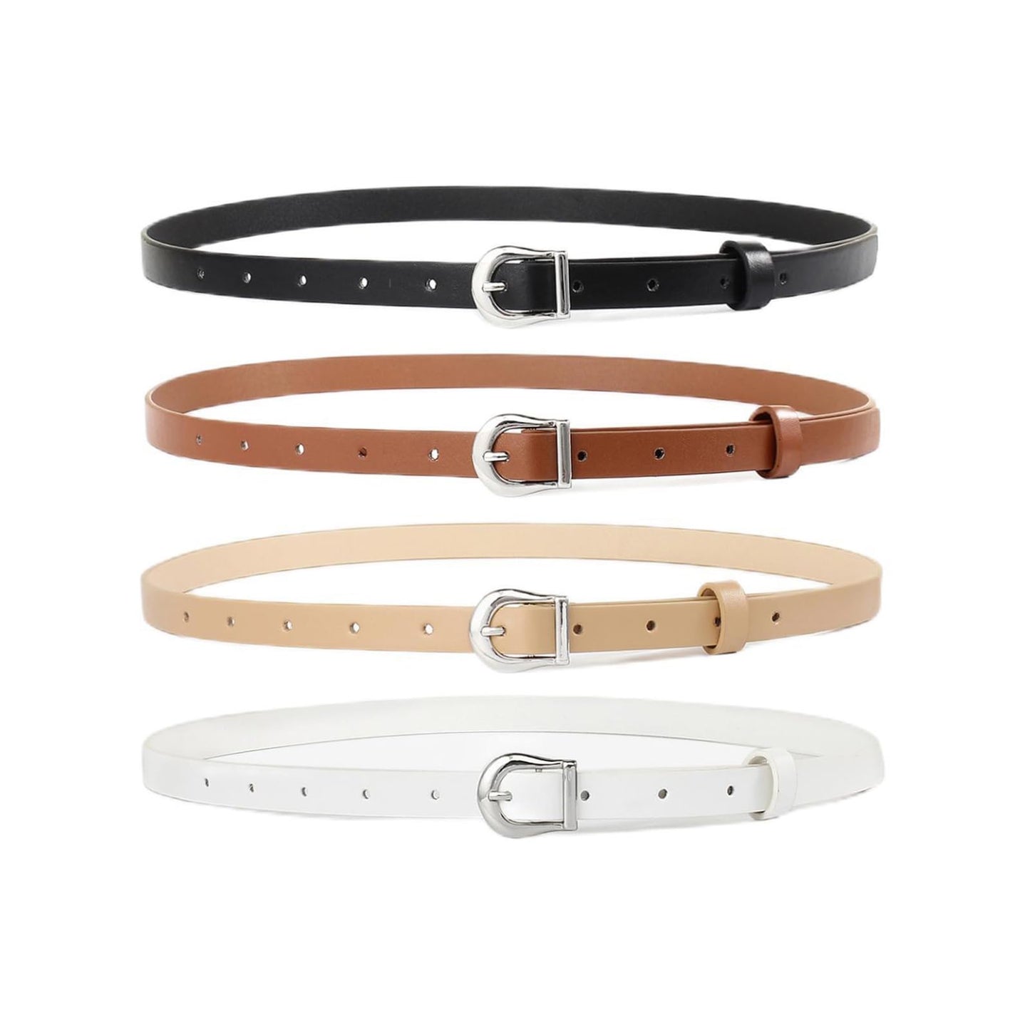 HOTHOTWILL 4 Pack Women Skinny Belts for Jeans Dress Thin Waist Belt | 0.55 in Wide, Black Beige Brown White Faux Leather, Gold Silver Buckle, Fashion Casual Style, Daily Outfits Accessories