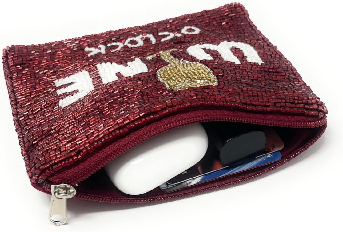HOTWine O'Clock Coin Purse Pouch, Beaded Pouch, Birthday Gifts, Small Wallets, Gift Card Pouch, Wine Lover Must Have, Small Pouch