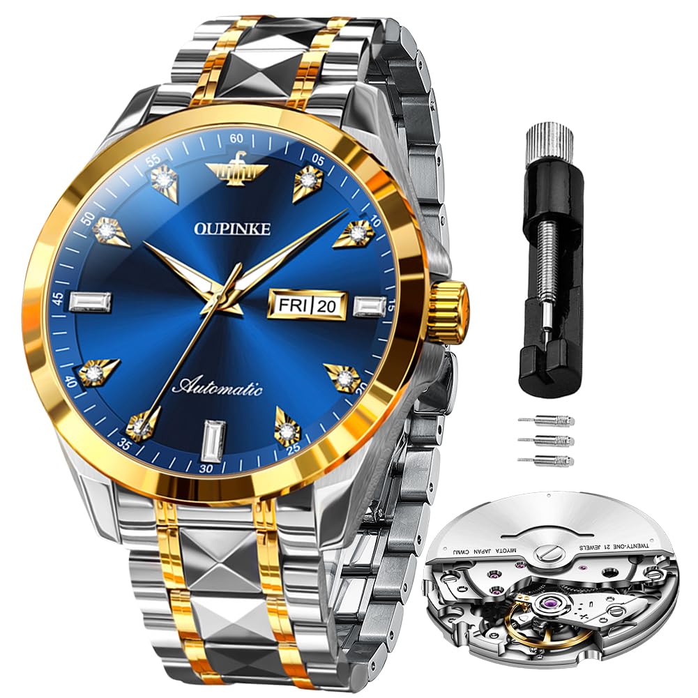 HOTOLEVS Mens Watches Chronograph Luxury Dress Moon Phase Two Tone Stainless Steel Waterproof Luminous Business Calendar Wrist Watch