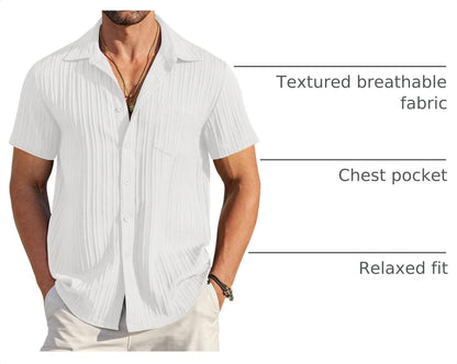 HOTCOOFANDY Men's Casual Button Down Shirts Short Sleeve Textured Summer Beach Shirt with Pocket