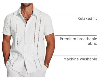 HOTCOOFANDY Men's Cuban Guayabera Shirt Short Sleeve Button Down Shirts Casual Summer Beach Linen Shirts
