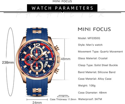 HOTMF MINI FOCUS Men Watch Casual Fashion Wrist Watches (Chronograph/Waterproof/Luminous/Calendar) Silicon Band Quartz Watches for Men