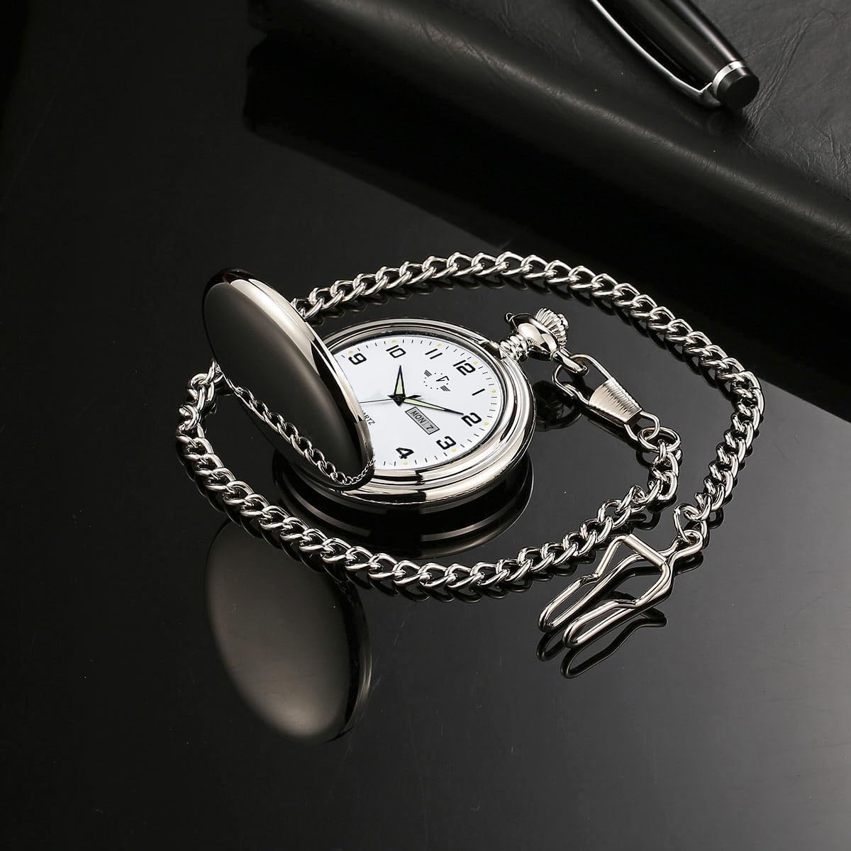 HOTBOSHIYA Smooth Quartz Pocket Watches for Men Classic Arabic Digital Luminous Dial & Day Date Pocket Watch with Chain Christmas Graduation Birthday Gifts
