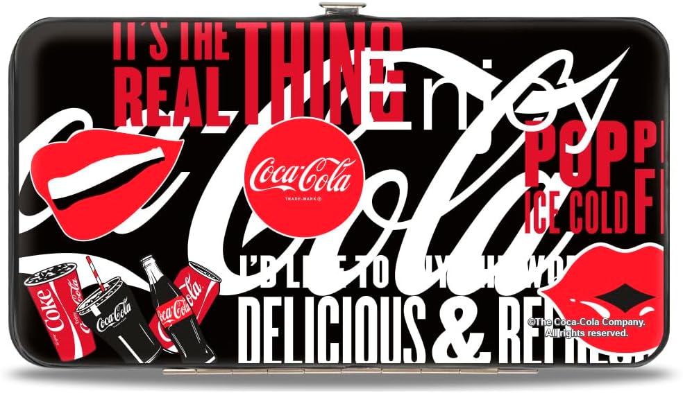 HOTBuckle-Down Coca-Cola Hinged Clasp Wallet | Coca Cola Its The Real Thing Collage Black Red White Credit Card Slots Vegan Leather