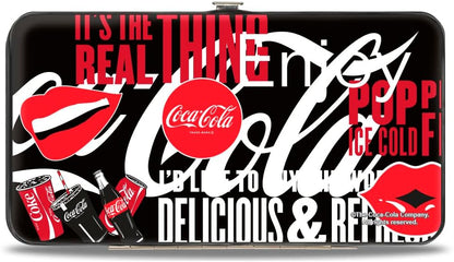 HOTBuckle-Down Coca-Cola Hinged Clasp Wallet | Coca Cola Its The Real Thing Collage Black Red White Credit Card Slots Vegan Leather
