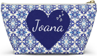 HOTPersonalized Pouches with Zipper, Makeup Cosmetic Case Travel, Pencil Pouch for Women, Portuguese Blue Tile Bag, Portugal Gifts for Mom