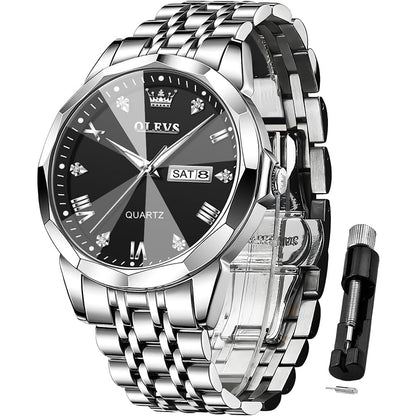 HOTOLEVS Watch for Men Diamond Business Dress Analog Quartz Stainless Steel Waterproof Luminous Date Two Tone Luxury Casual Wrist Watch Blue