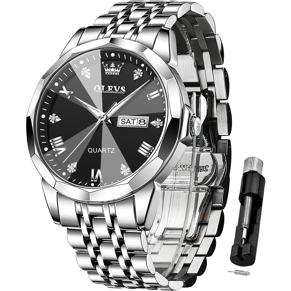 HOTOLEVS Watch for Men Diamond Business Dress Analog Quartz Stainless Steel Waterproof Luminous Date Two Tone Luxury Casual Wrist Watch Blue