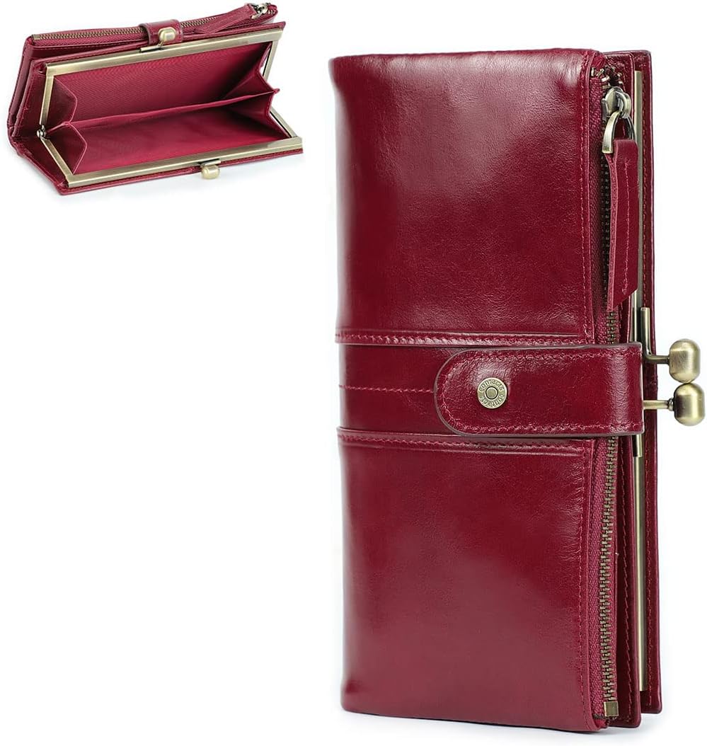 HOTCONTACTS Kiss Lock Wallet for Women Leather, Kiss Clasp Wallet Coin Card Purse RFID Clutch Wallet Zipper Red Vintage Phone Holder
