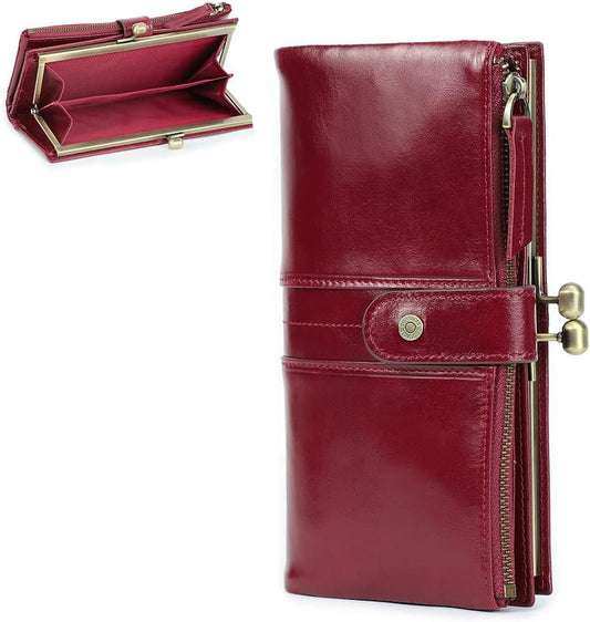 HOTCONTACTS Kiss Lock Wallet for Women Leather, Kiss Clasp Wallet Coin Card Purse RFID Clutch Wallet Zipper Red Vintage Phone Holder