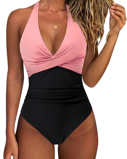 HOTSUUKSESS Women Sexy Tummy Control One Piece Swimsuits Halter Push Up Bathing Suits