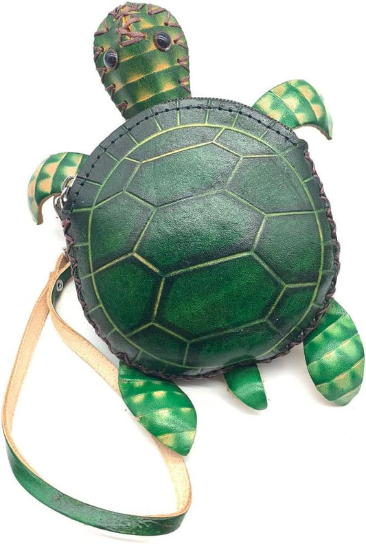 HOTHandmade Vintage Genuine Green Leather 3D Turtle Money Coin Purse With Removable Wrist Strap