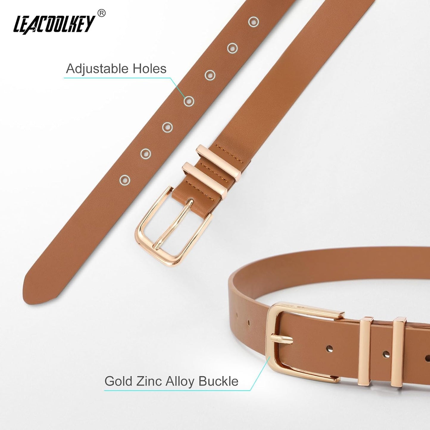 HOTLEACOOLKEY 3 Pack Women's Leather Belts for Jeans Dress Pants Fashion Ladies Leather Belts with Gold Buckle