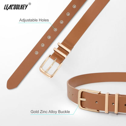 HOTLEACOOLKEY 3 Pack Women's Leather Belts for Jeans Dress Pants Fashion Ladies Leather Belts with Gold Buckle