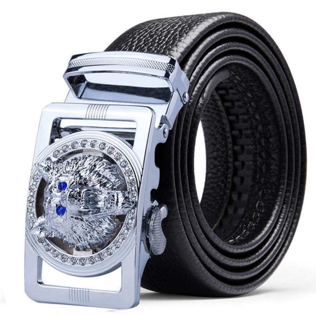 HOTLuxury Men's Belts Red Leather Wolf Head Buckle 1.38 inch Width Used for Mens Dress Casual Adjustable Belt
