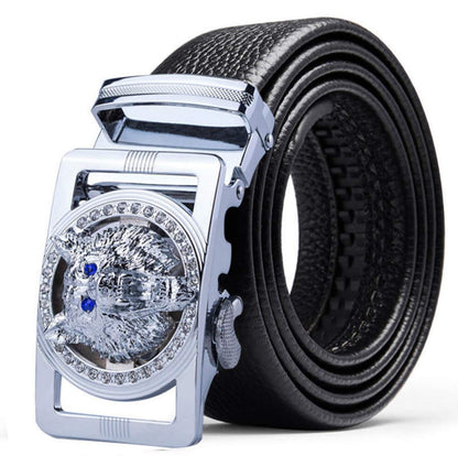 HOTLuxury Men's Belts Red Leather Wolf Head Buckle 1.38 inch Width Used for Mens Dress Casual Adjustable Belt