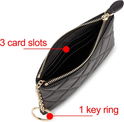 HOTDORIS&JACKY Quilted Leather Coin Purse for Women Mini RFID Zipper Wallet | Soft Lambskin Credit Card Holder with Key Chain, Small Designer Coin Pouch, RFID Blocking Functional Card Case