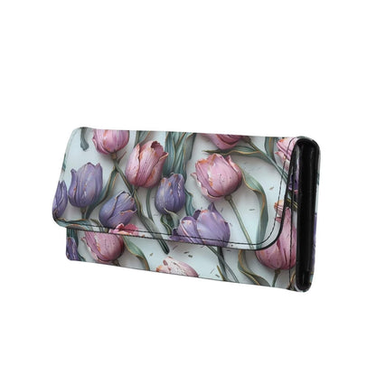 HOTPainting Iris Long Wallets for Women PU Leather Ladies Billfold Wallet,Snap Closure, Purple White Yellow Flowers Trifold Clutch Checkbook Purse with Zipper Pocket