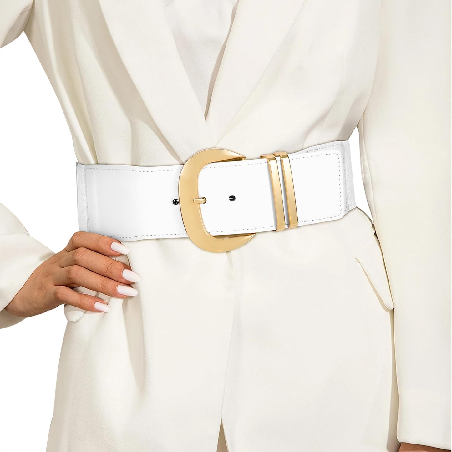 HOTWHIPPY Women Wide Elastic Waist Belt for Dresses Fashion Gold Buckle Stretchy Leather Waistband for Ladies