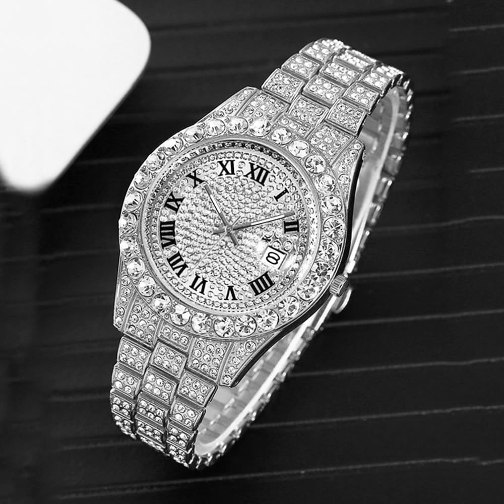 HOTHip Hop Watches for Men Iced-Out Bling Diamond Luxury Quartz Watches with Date