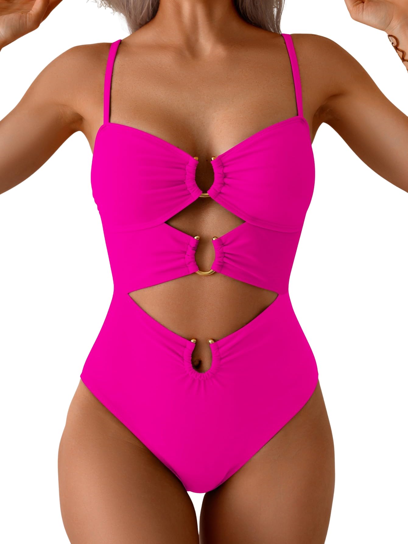 HOTEomenie Womens Cutout One Piece Swimsuit Sexy Bathing Suit | Ring Linked, Adjustable Spaghetti Straps, Bra Support, Soft Removable Cups, Monokini for Beach Vacation, Pool Side