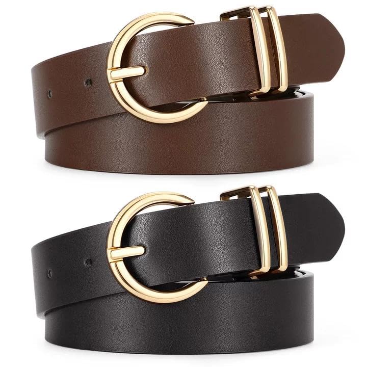 HOTVONMELLI 2 Pack Women's Leather Belts for Jeans Dresses Fashion Gold Buckle Ladies Belt