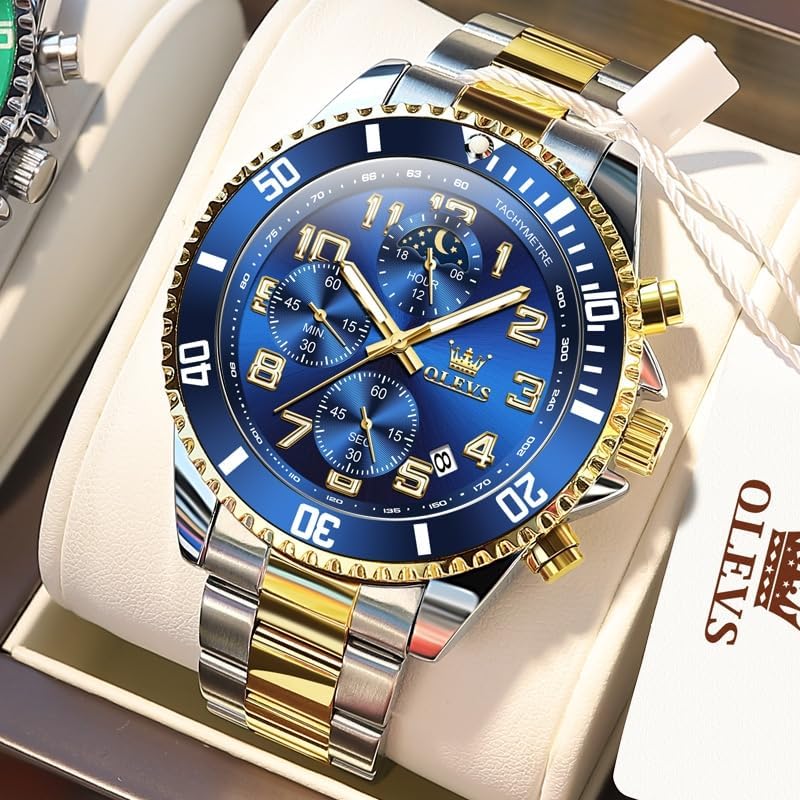 HOTOLEVS Watches for Men Stainless Steel Dress Men Watch with Date Big Face Chronograph Waterproof Luxury Fashion Watch Blue/Black/Gold/Green/Silver Face Relojes para Hombres