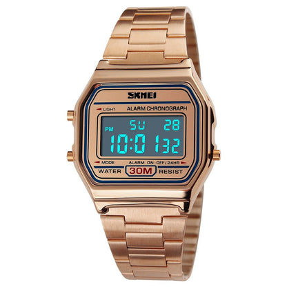 HOTPASOY Men's Digital Gold Stainless Steel Watch Backlit Multifunction Stopwatch Waterproof Sport Watches