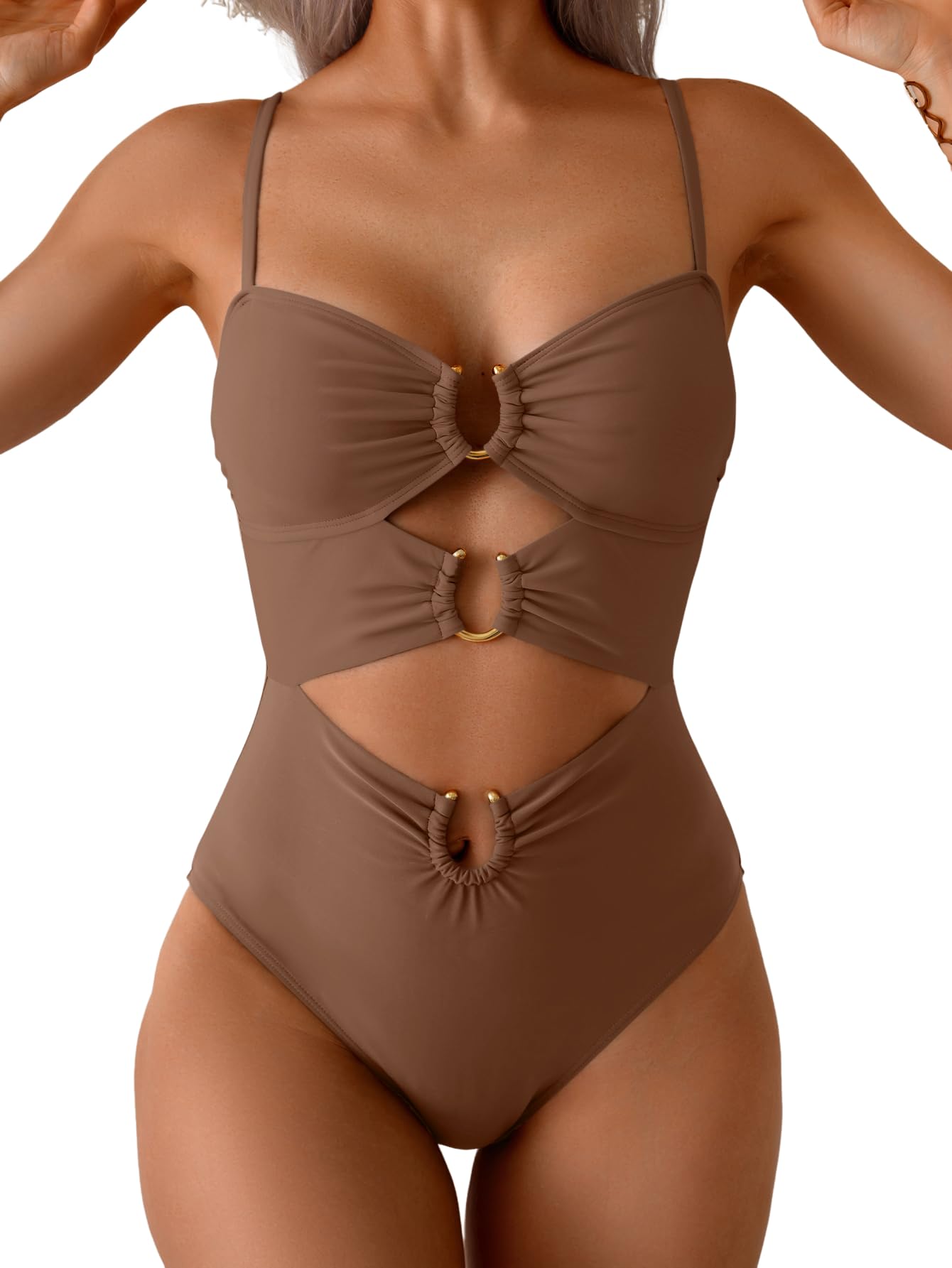 HOTEomenie Womens Cutout One Piece Swimsuit Sexy Bathing Suit | Ring Linked, Adjustable Spaghetti Straps, Bra Support, Soft Removable Cups, Monokini for Beach Vacation, Pool Side