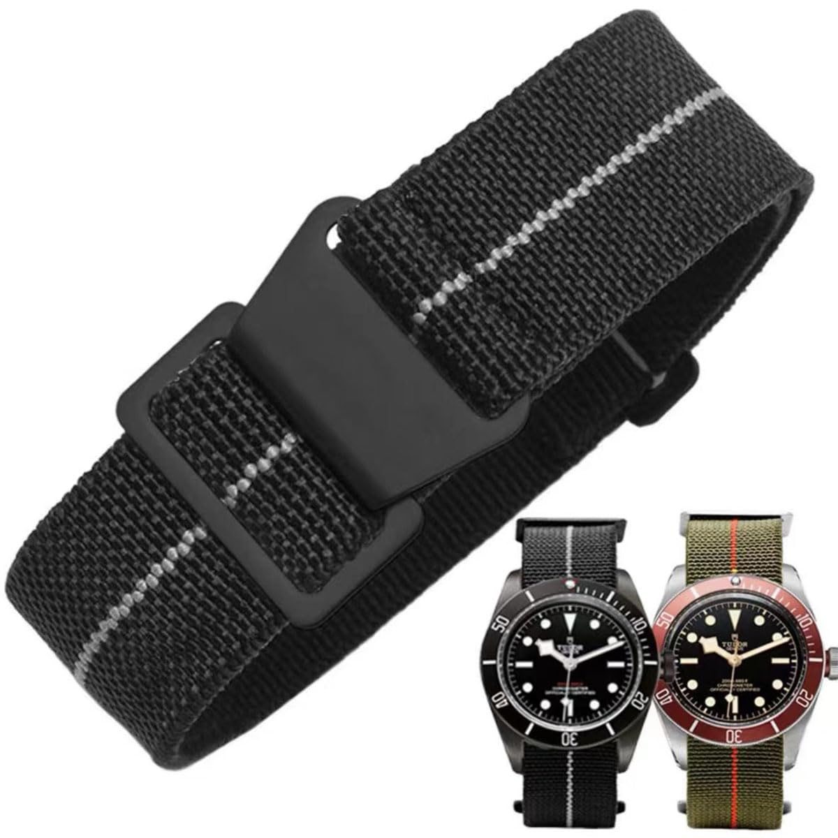 HOTFrench Troops Paratrooper Watchband,Military Elastic Nylon Watch Strap with Hook-and-Loop for Men Women Silver & Black Buckle 18/20/22mm