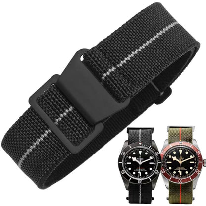 HOTFrench Troops Paratrooper Watchband,Military Elastic Nylon Watch Strap with Hook-and-Loop for Men Women Silver & Black Buckle 18/20/22mm