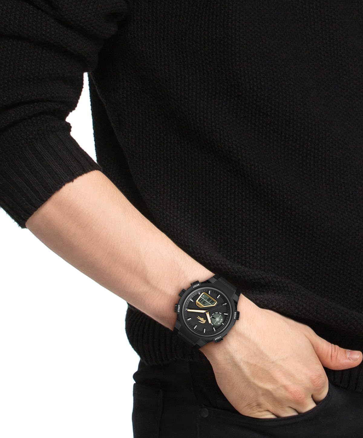 HOTLacoste LC33 Men’s Analog-Digital Quartz Watch - Silicone Strap with Crocodile Texture, TR90 Octagonal Case, Alarm, Chronograph and Calendar -Bold, Sporty Timepiece