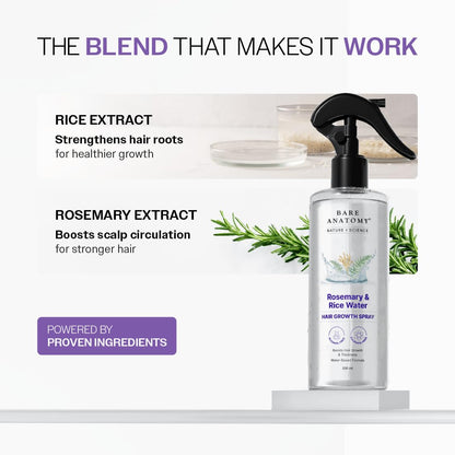 HOTBare Anatomy Nature x Science Rosemary Water Spray for Hair Growth & Hair Thickness with Rice Water |100% Natural Extract | Soft & Smooth Hair| Controls Hairfall| Non-Greasy & Fast Absorbing | 200ml