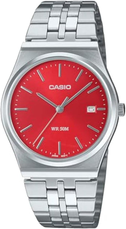 HOTCasio MTP-B145D-4A2V Men's Vintage Stainless Steel Red Dial 3-Hand Analog Watch, Silver